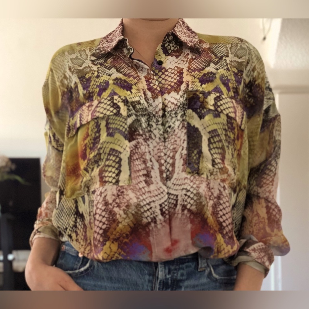 Faith Connexion Snake Python Print Silk Chiffon Button Up Blouse